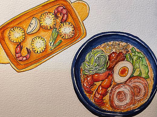 美食手绘-鲜虾豚骨拉面