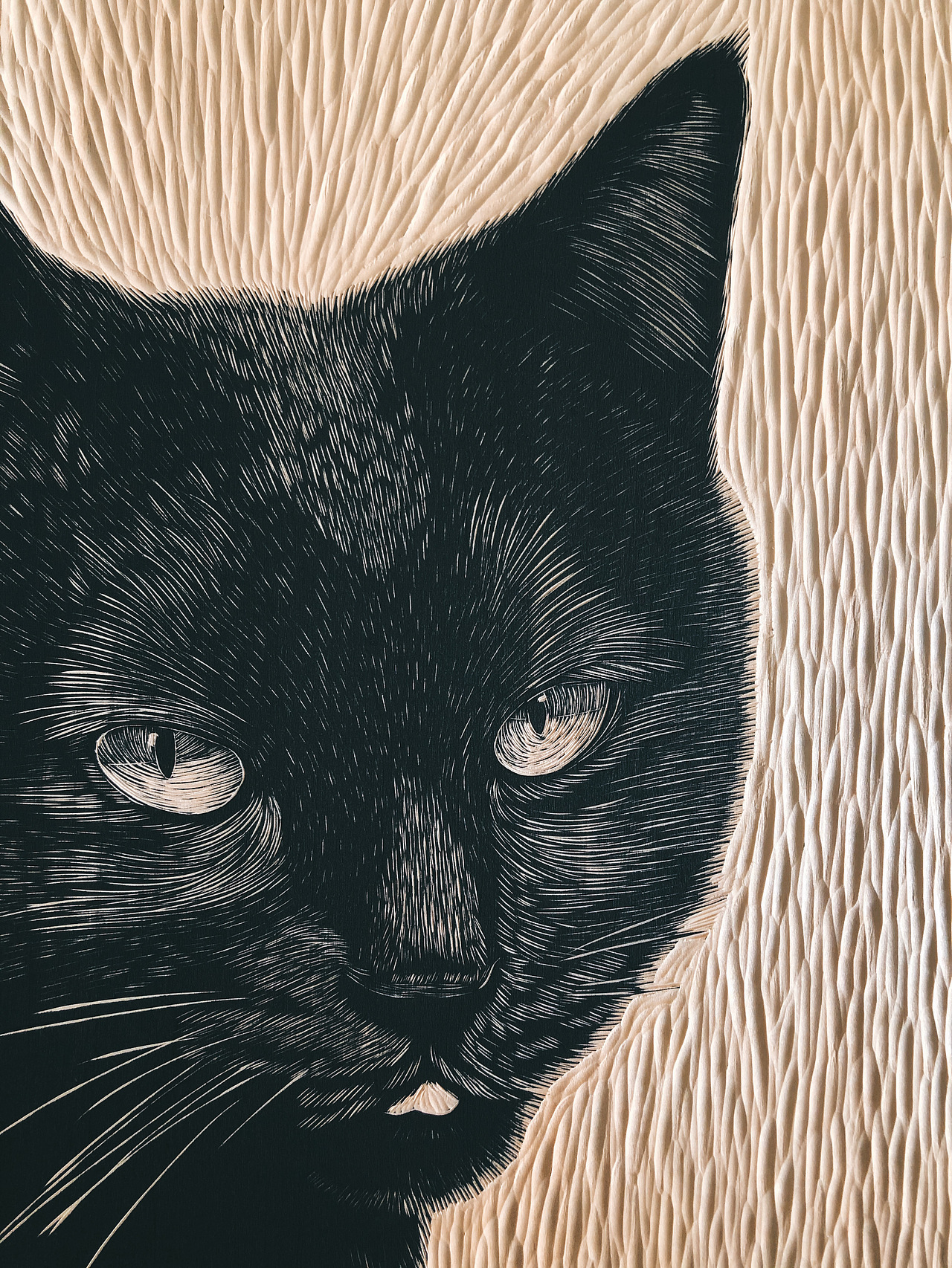 猫咪手工雕刻黑白木刻版画