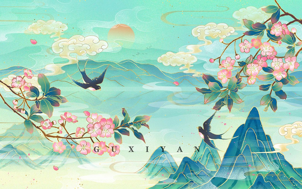 国潮中国风水彩背景插画