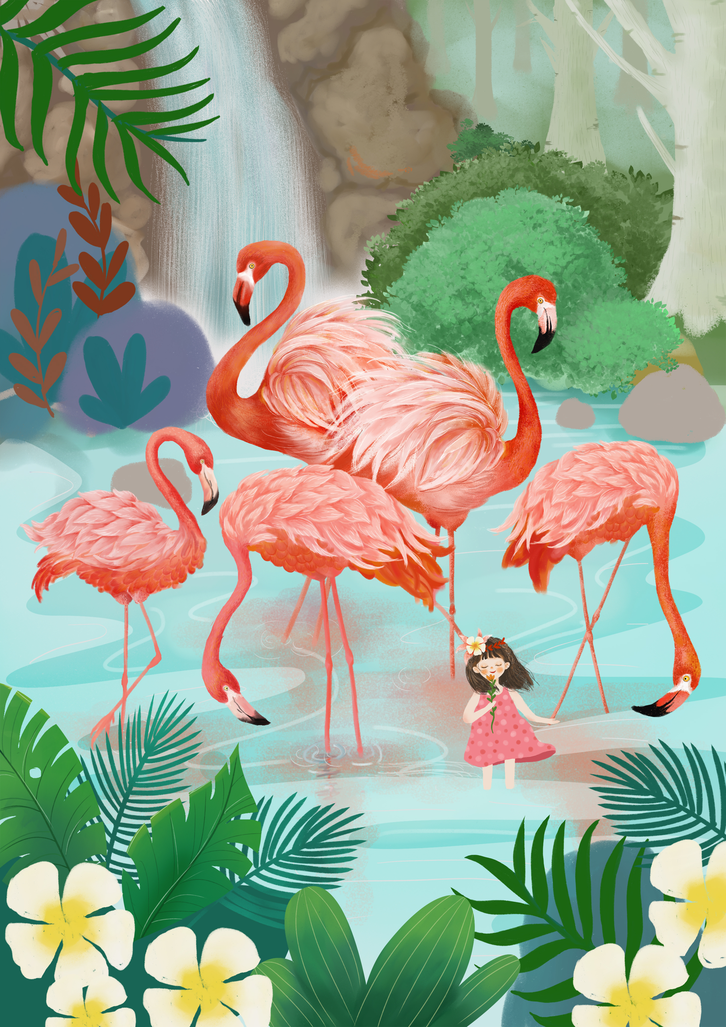 原创板绘小清新风格插画 火烈鸟女孩