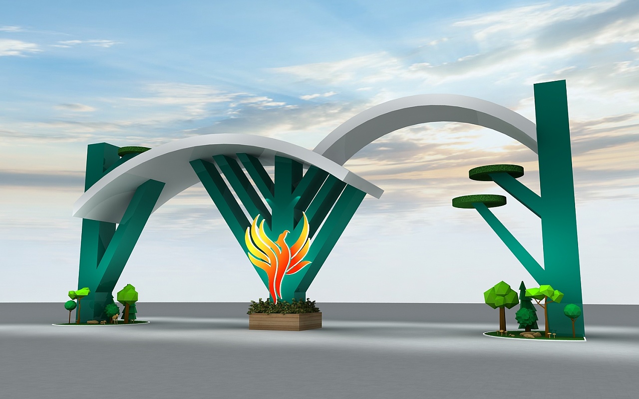 森林元素凤凰logo门头设计3d效果图