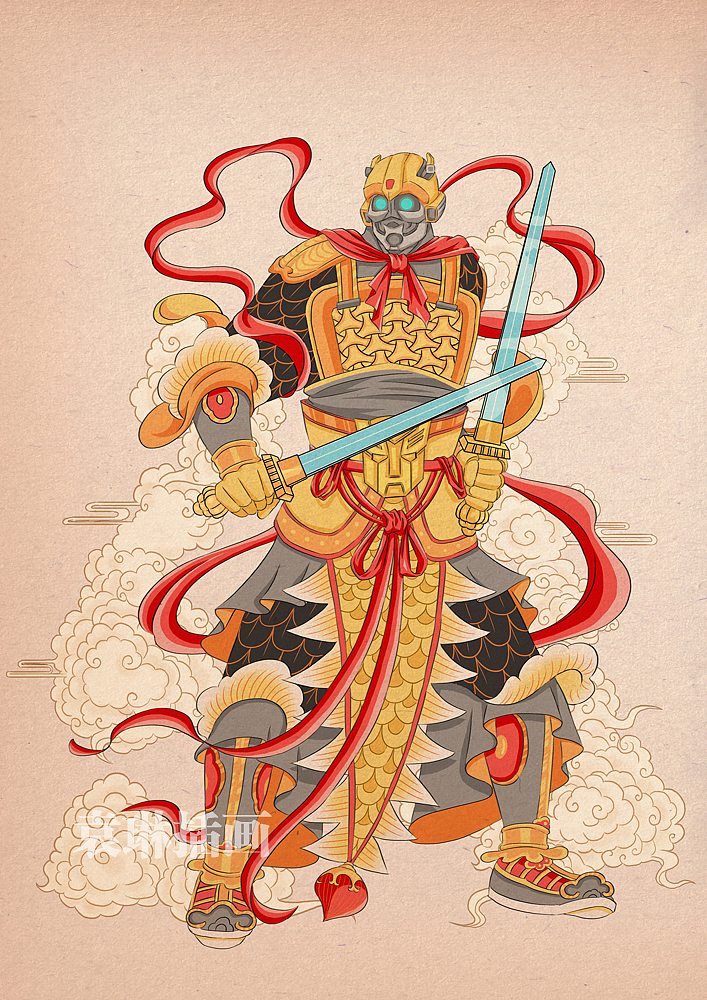 《变形金刚5》中国风插画海报（图ZODQ1MzUwNzY=） - 商业插画 - 站酷设计师加油子原创素材 - 站酷ZCOOL