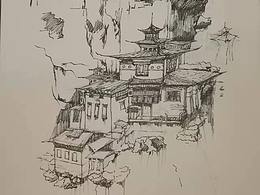 山中寺廟，速寫