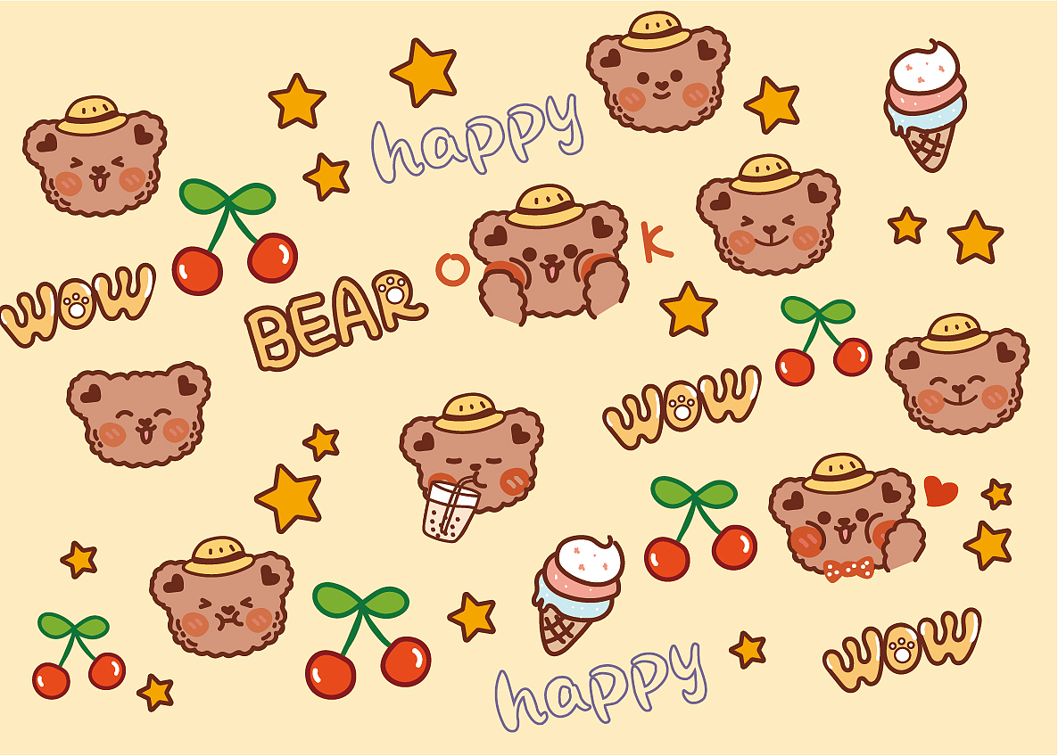 卡通手绘可爱熊表情包插画设计图案卡片贴纸毯子文创