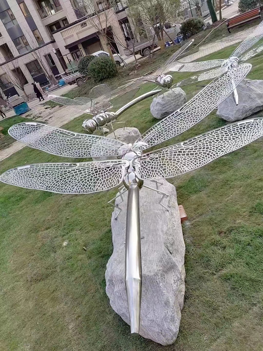 草坪蜻蜓不锈钢雕塑 仿真动物不锈钢蜻蜓雕塑-无形之塑