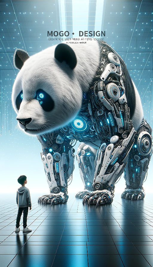 AI插画,机器熊猫与小男孩