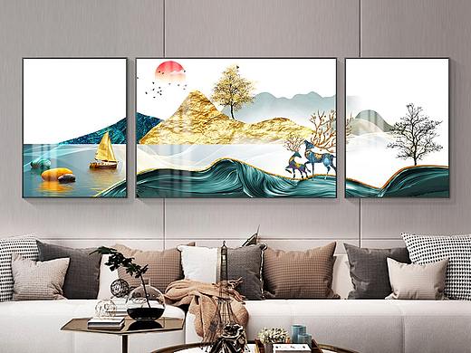 新中式抽象客厅画装饰画发财鹿客厅现代画金山飞鹤挂画