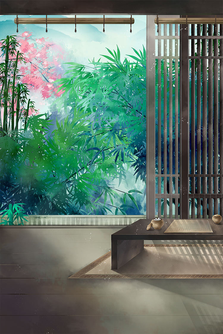 PS古典建筑场景中国风庭院游戏背景水彩插画海报设计