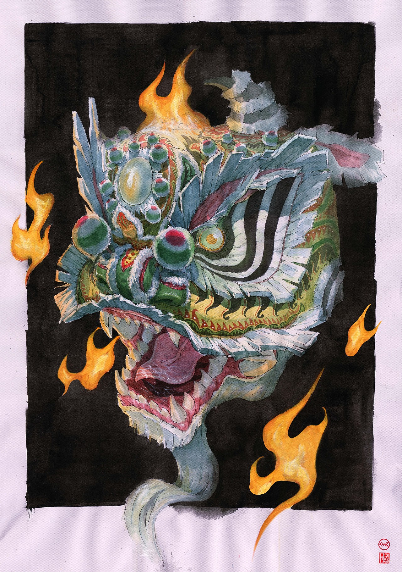 《重生》90*60cm
这个狮头画的是刘备狮，两旁的火焰被我画坏了...