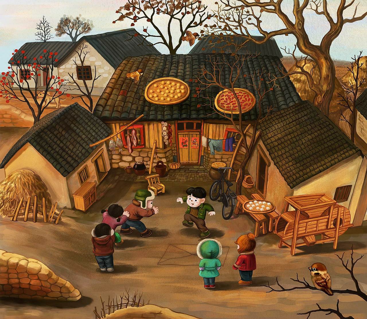 童年时候,夕阳西下,便是一段快乐时光的开启,我们在虎皮上顶的房子前玩老鹰抓小鸡的游戏,据老人家说虎皮上顶的房子是过去有钱人家住的。