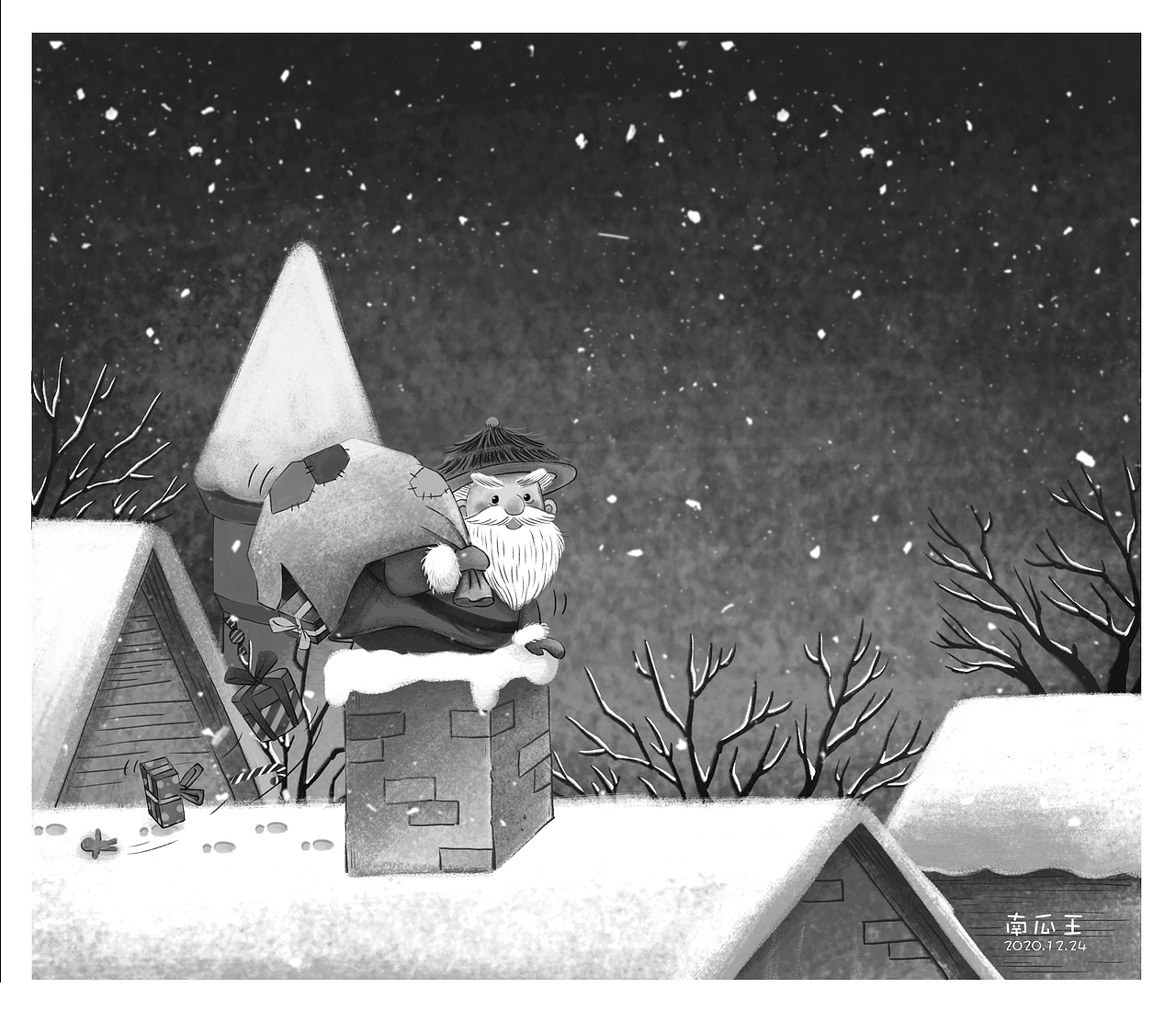 圣诞节黑白稿练习|儿童插画