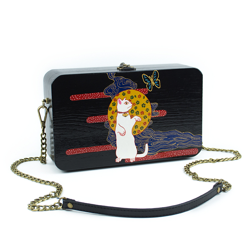 手艺盟 原创设计手工木头包包 手绘招财猫咪