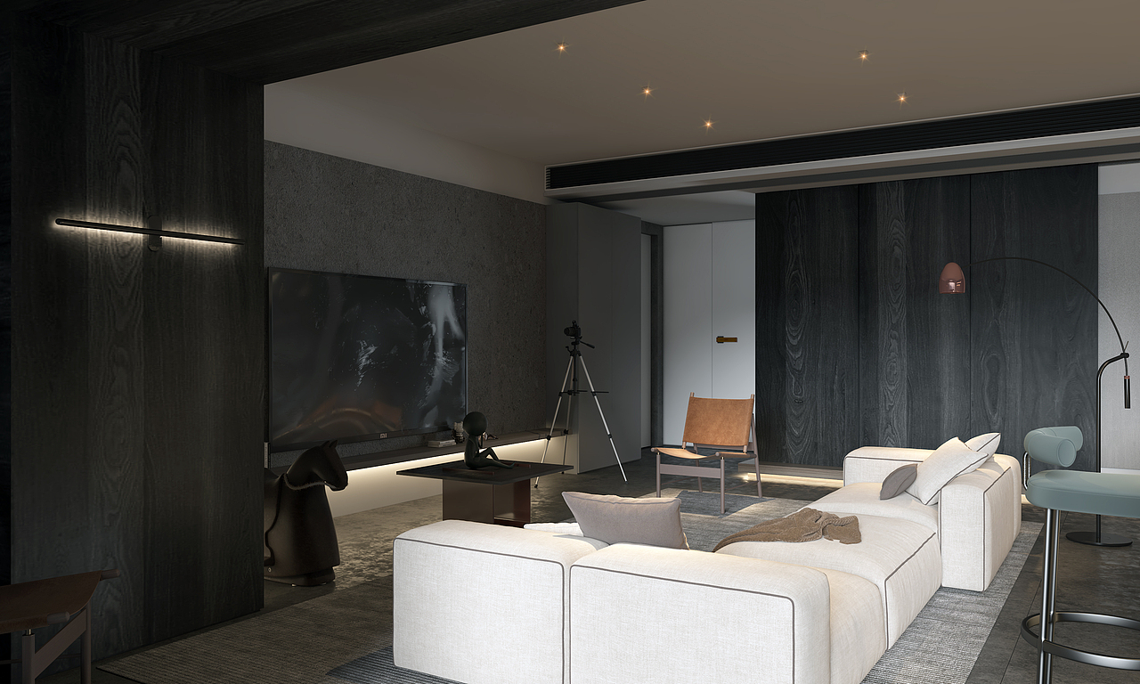 现代侘寂风别墅客厅餐厅