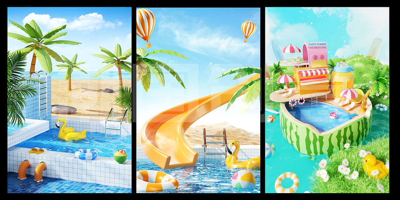 夏日清新3D立体场景（图ZMzQ2MzIzNjIw） - 场景 - 站酷设计师笔魂AI绘图原创素材 - 站酷ZCOOL