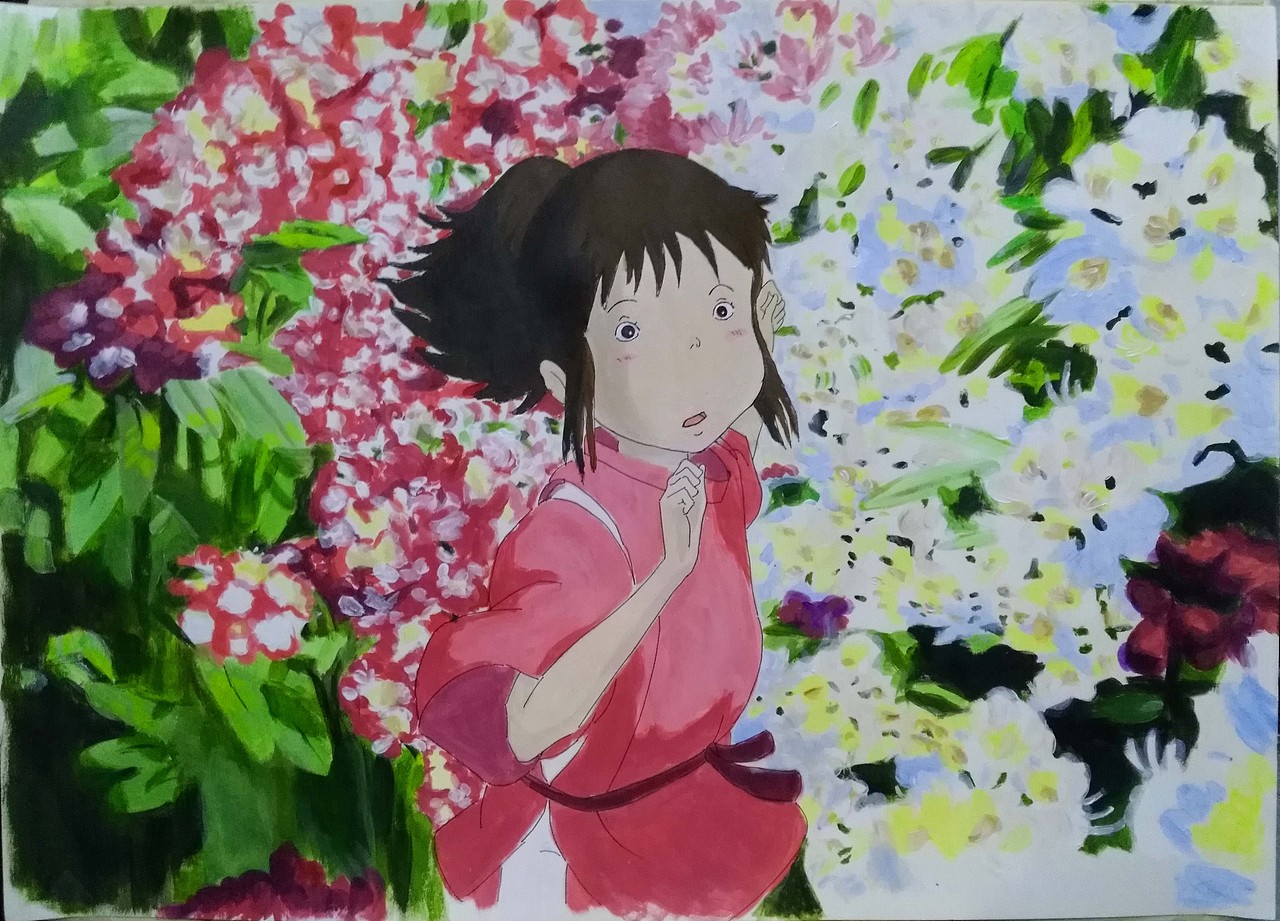 《千与千寻》之花丛中奔跑的千寻 丙烯画（图ZMTE3ODY3MzMy） - 绘画 - 站酷设计师串线景天原创素材 - 站酷ZCOOL