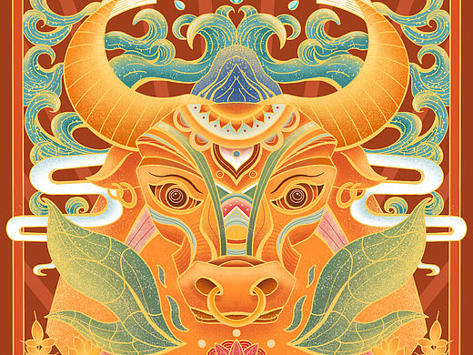 十二生肖插画海报-牛气冲天