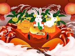 中秋节插画 大闸蟹上的中秋捣药兔