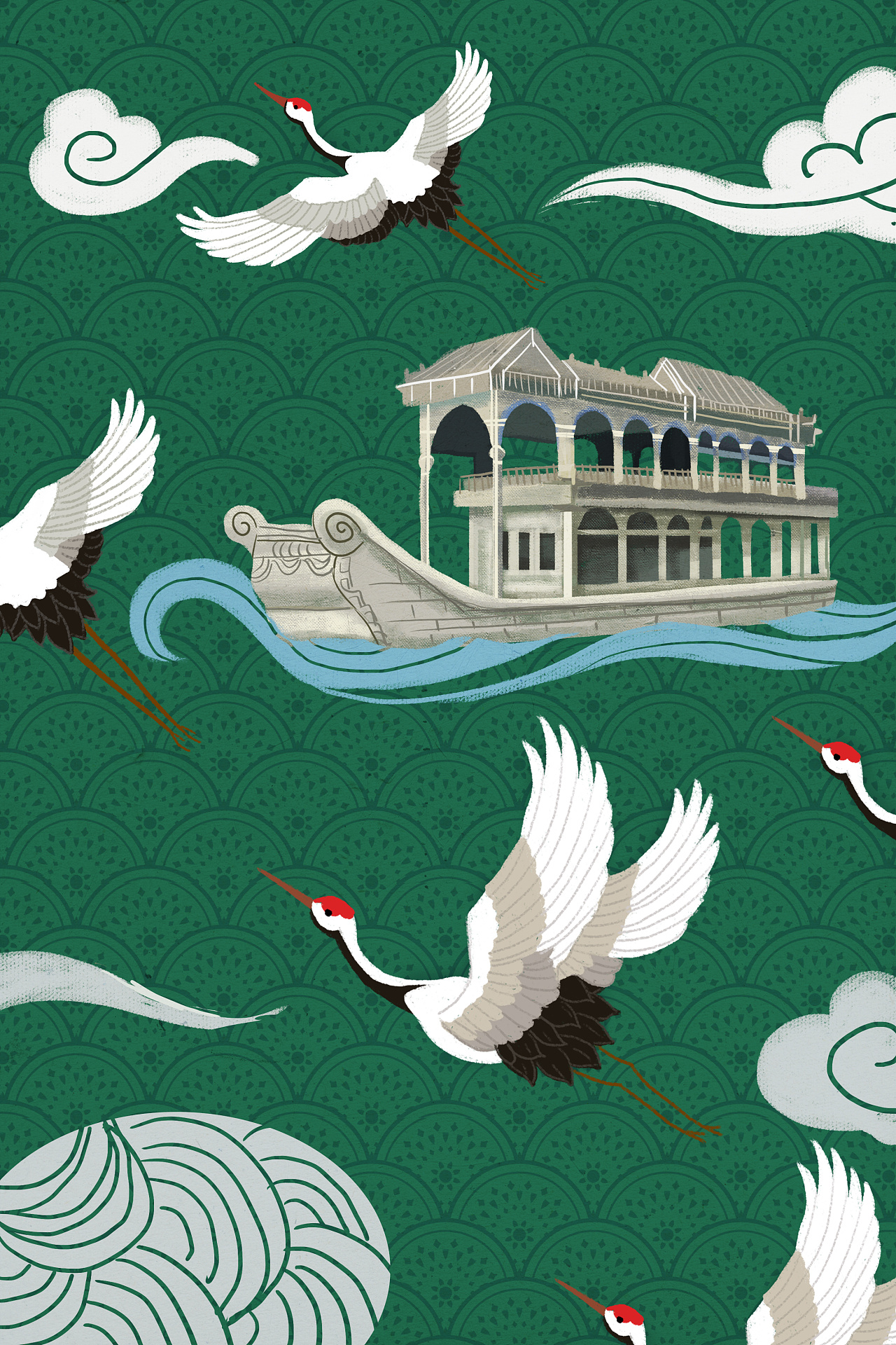 一组新式中国风古建筑插画