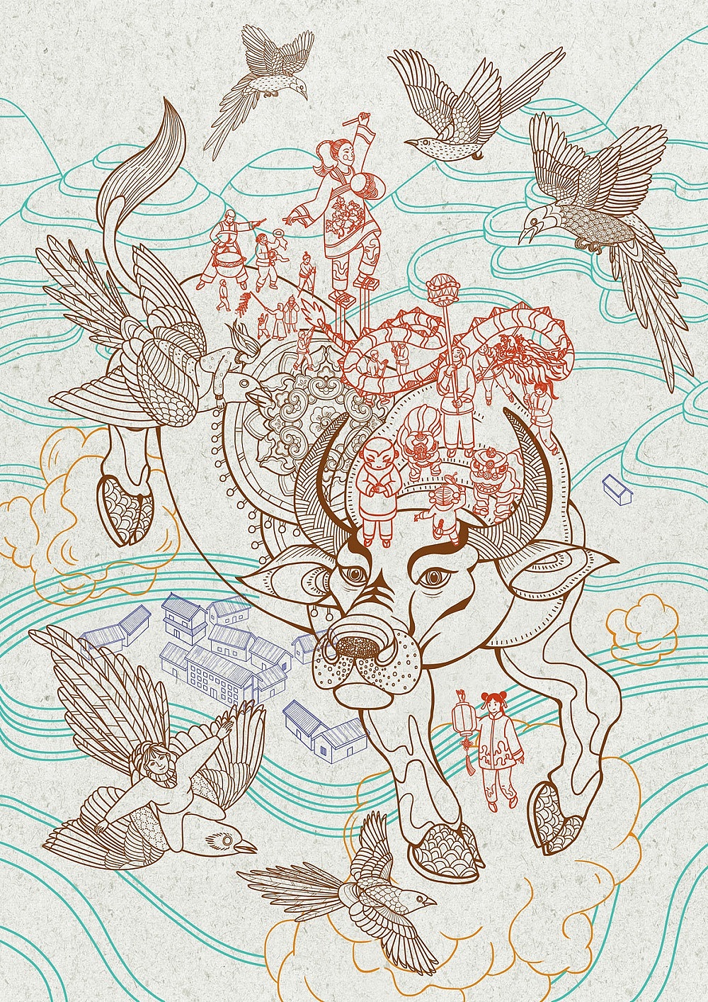 【牛迎新春】国风新年插画（图ZMjM4NDM0NTg4） - 艺术插画 - 站酷设计师徐谦X原创素材 - 站酷ZCOOL