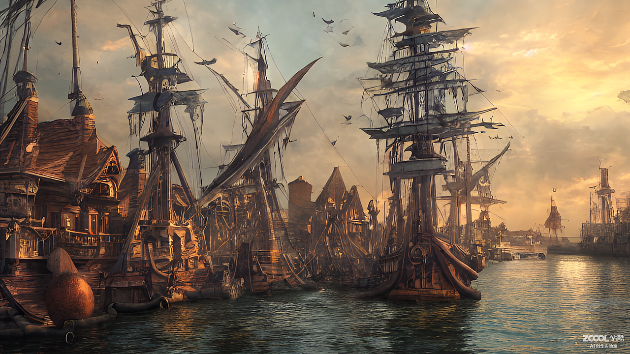 #AI创作实验室#港口，海盗船，木质码头，栏杆，欧式建