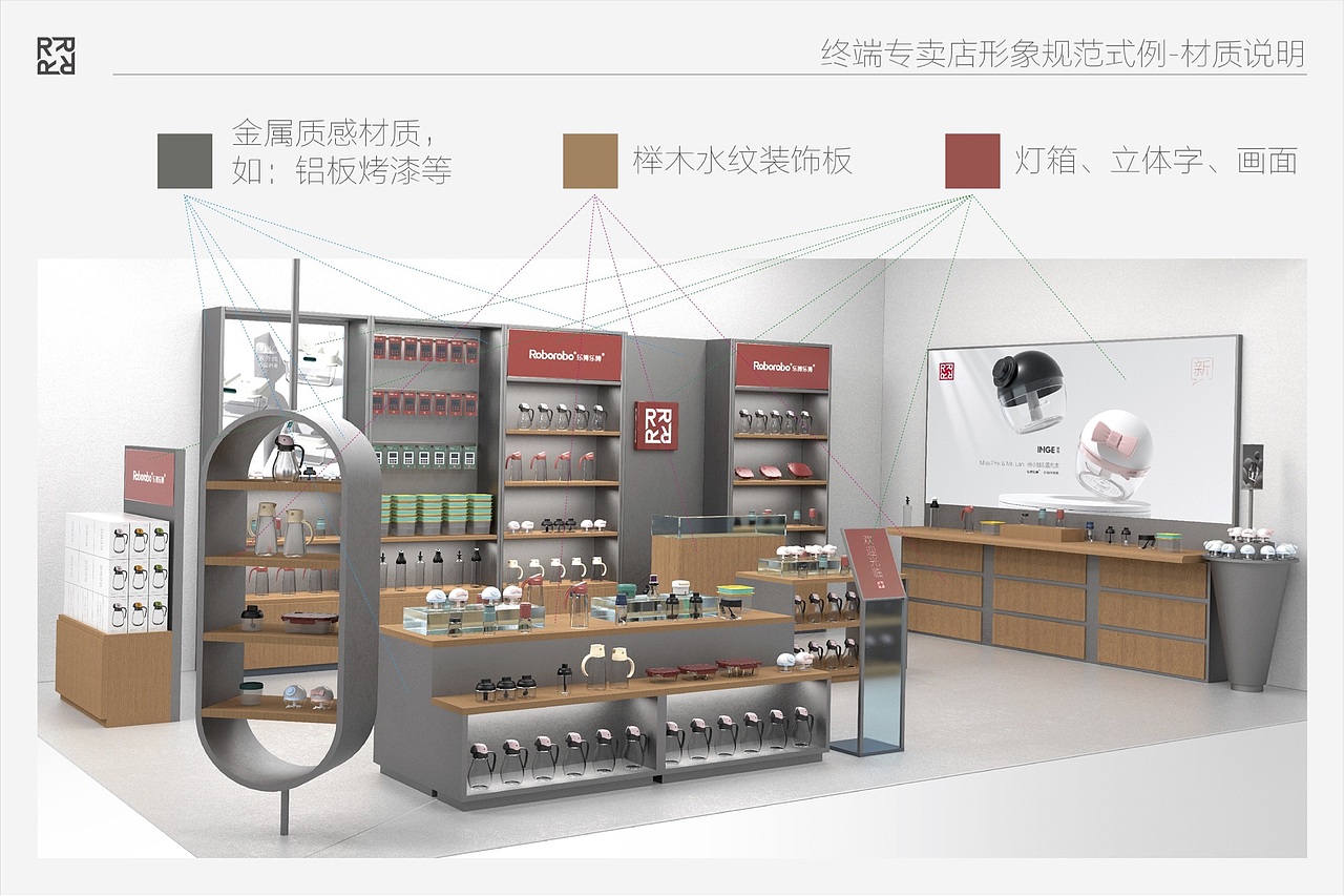 乐博乐博标准专卖店设计说明:
* 展架的材质为白橡木+铝/哑光不锈钢;<br>* 橱柜都要有储物功能;<br>* 画面为灯箱为超薄款式设置;<br>* 展台的字与图案都是立体发光或立体字;<br>* 展架都要做灯曹设置、刘插座口;<br>* 展架产品要按规划图示一一对应到位原则。