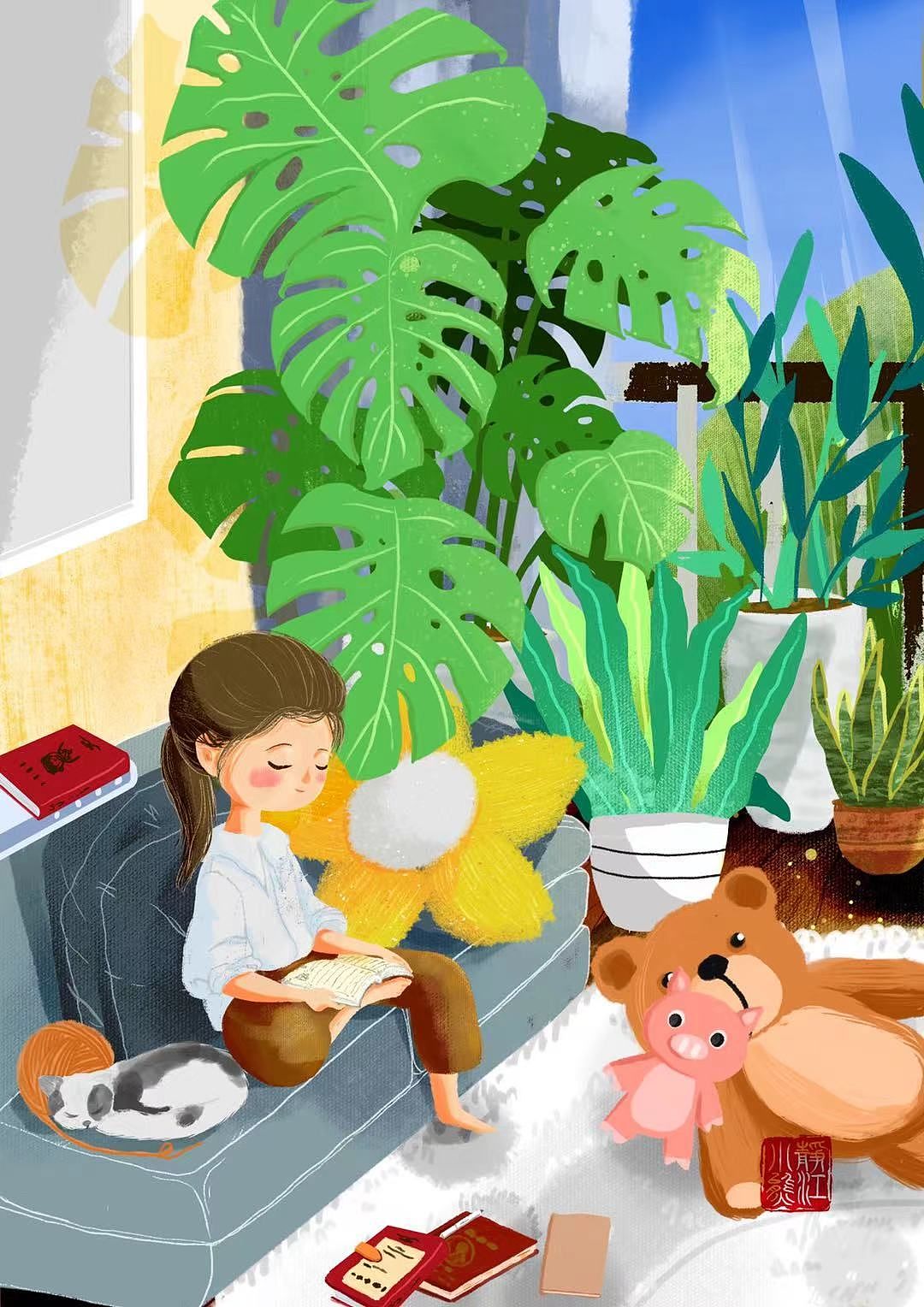 用画笔记录生活|看书女孩插画