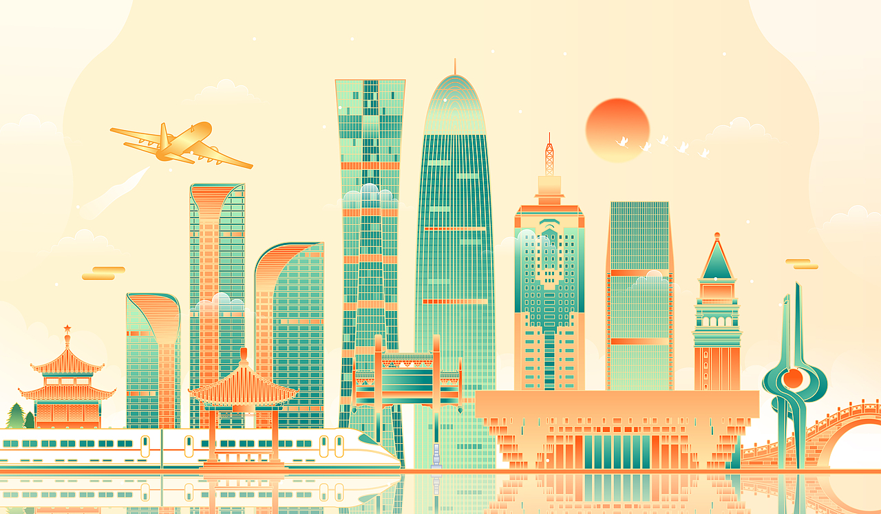 湖北武汉山东济南北京城市地标建筑矢量插画