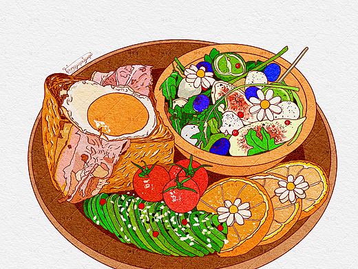 ipad美食插画 | 煎蛋培根厚土司拼盘