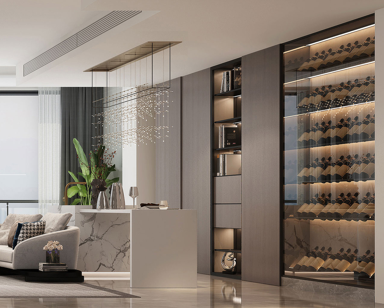 斜放酒柜的设计让柜体不需要做得太厚的同时也不影响酒柜的观赏性,镂空凹槽处暗藏滑门,可自由选择性展示柜子。