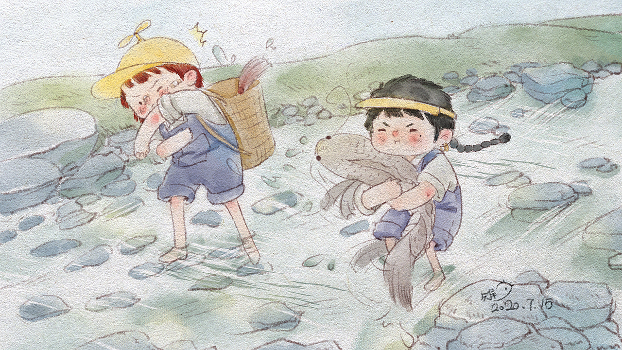 抓鱼~（图ZMjI0ODgxNjIw） - 儿童插画 - 站酷设计师雉呀雉原创素材 - 站酷ZCOOL