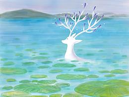 东方神鹿和夏日荷塘