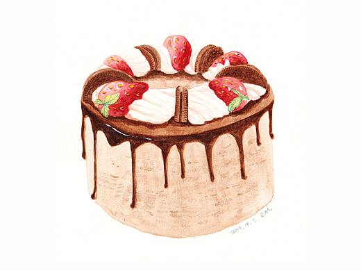 水彩美食  草莓奶油蛋糕 美食甜点