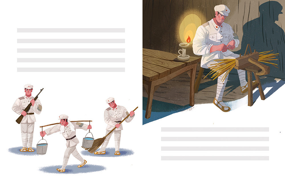 听到小战士的鞋坏了,帮忙制作新草鞋.