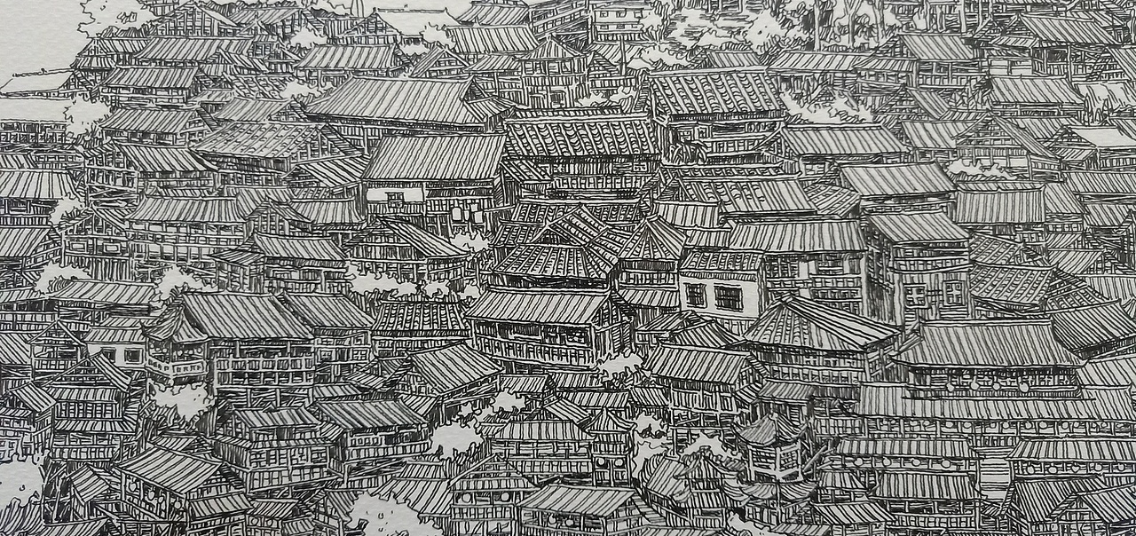 范炯钢笔画手绘表现《千户苗寨》