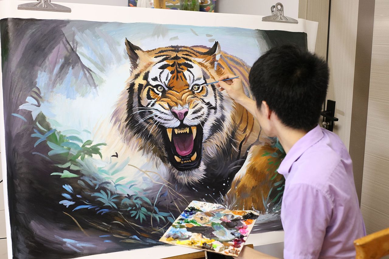 油画猛虎下山【兔子凌风作品】