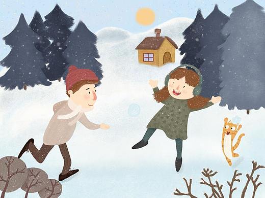 冬天里互扔雪球的男孩女孩