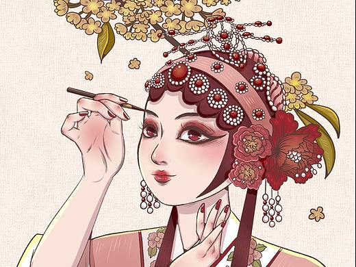 手绘国潮京剧戏曲花旦唯美插画