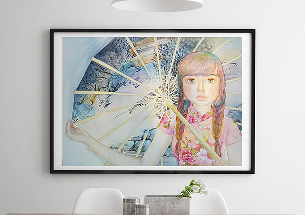 纸本水彩插画《撑伞的小女孩》