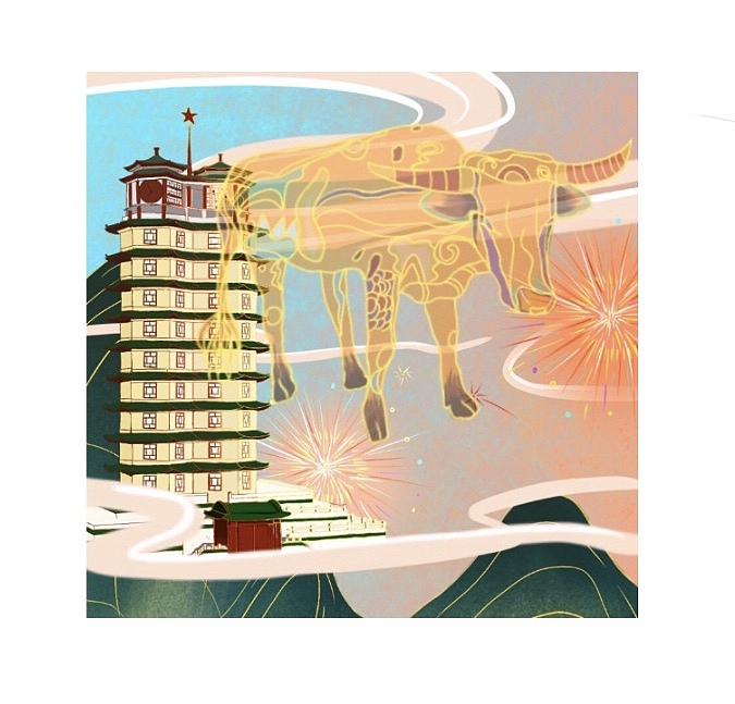 加入了河南郑州的一些标志性建筑物—"玉米楼","中原福塔","二七塔"