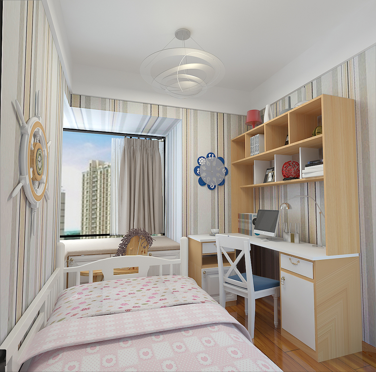 小孩房,放个书桌还好点,要是衣柜就比较难搞了。