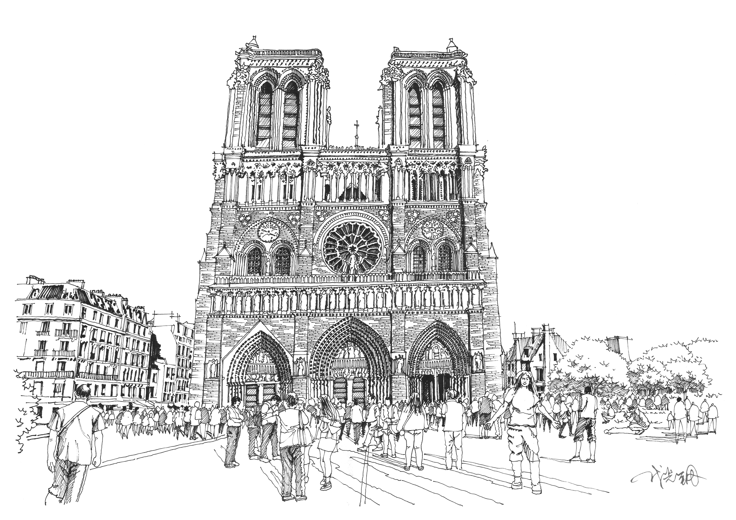 巴黎圣母院线稿高清图片