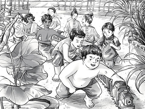 黑白儿童插画—小坡的生日
