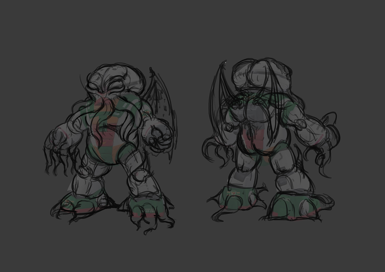 草稿具体是这样的,没有画很细,因为后期再ZBRUSH里面需要根据实际发挥,草图的作用是限制自己不要太过于放飞自我~~