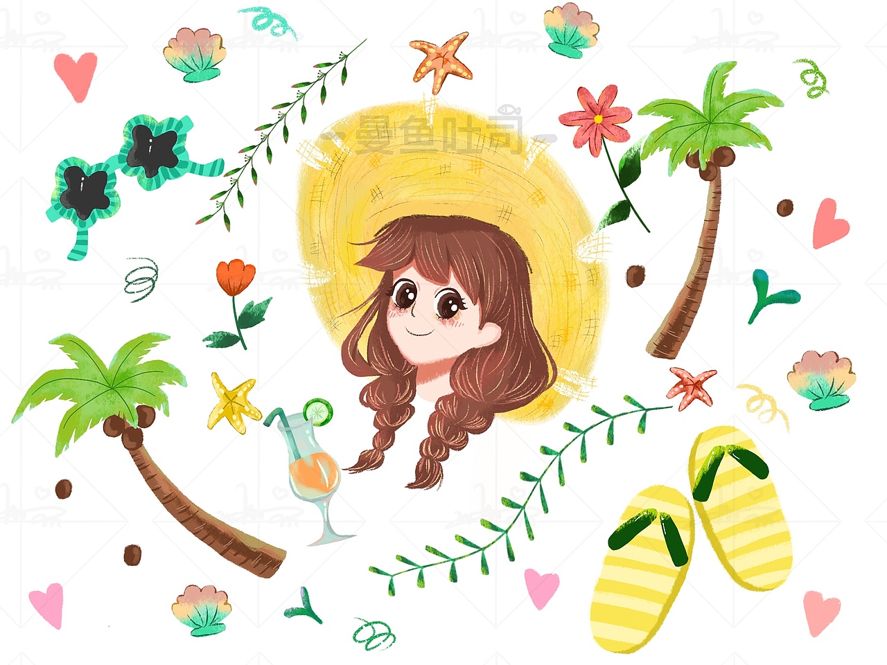 这一组是夏日夏威夷海滩的主题。主色调是黄色、绿色、棕色，辅助色是粉色、橙色
在阳光灿烂的夏威夷海滩，捡不完的贝壳和高大的椰子树。如果你有好好观察还会看到有许多叫不上名字但很好看的小花。带着墨镜晒太阳，s手边还有好喝的饮品这不是一件很惬意的事吗