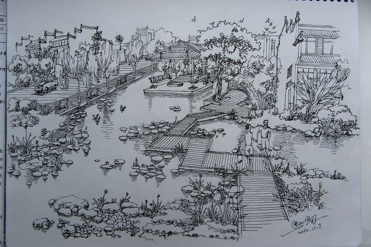 钢笔画建筑风景手绘线稿