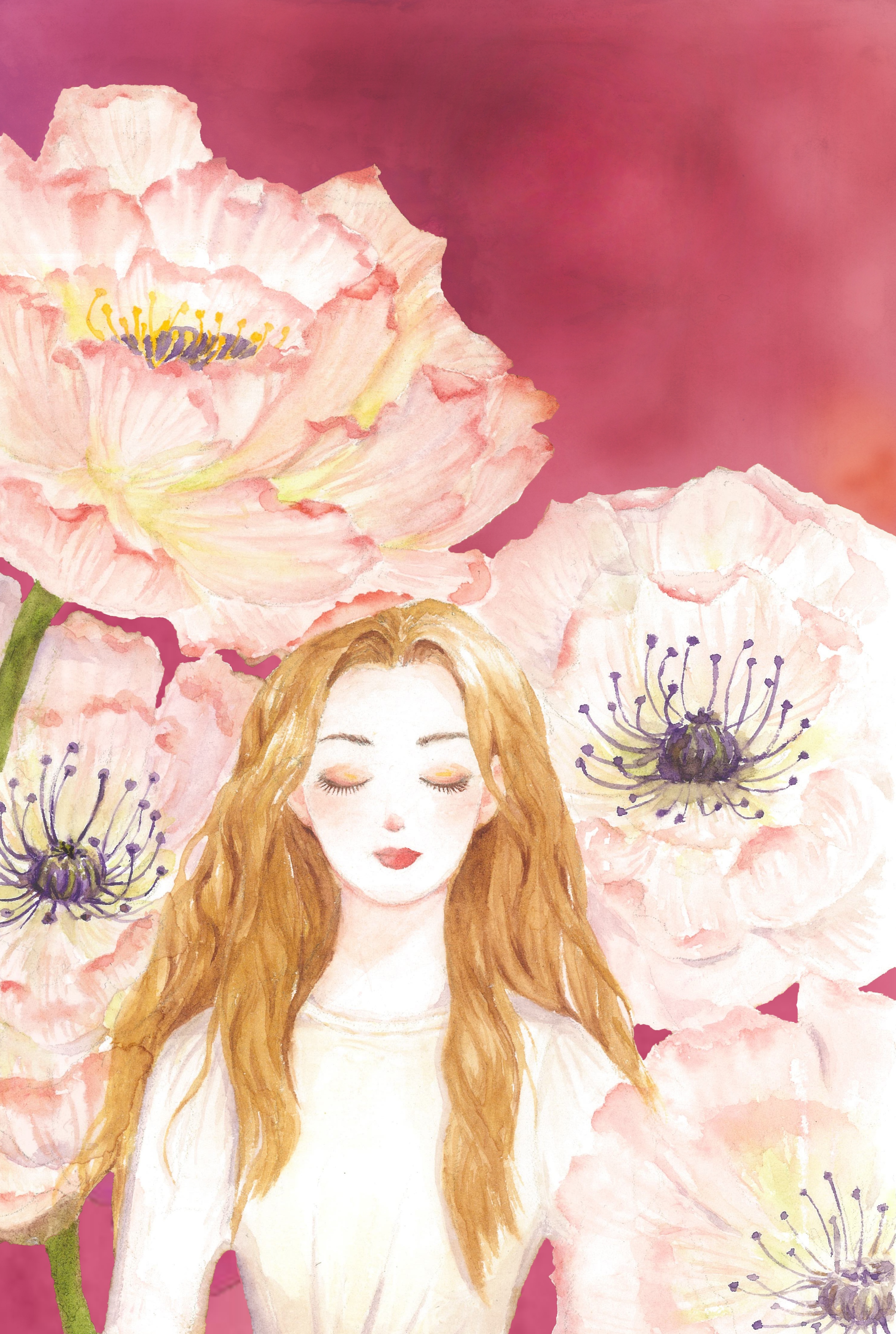 水彩插画原创手绘女孩与花卉闭眼系列