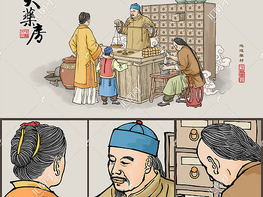  古代中医秤药插画