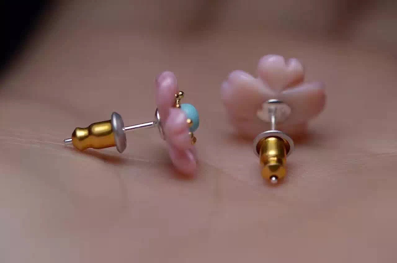 原矿绿松石桃花款耳钉