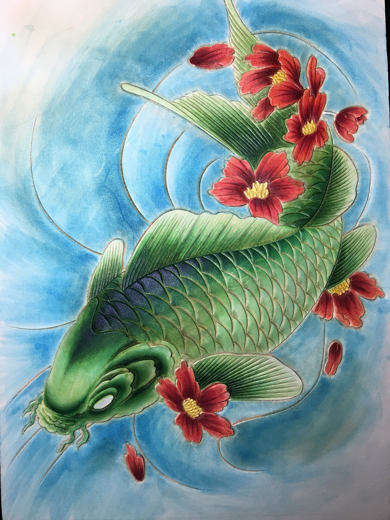 皮雕画—珍稀绿锦鲤