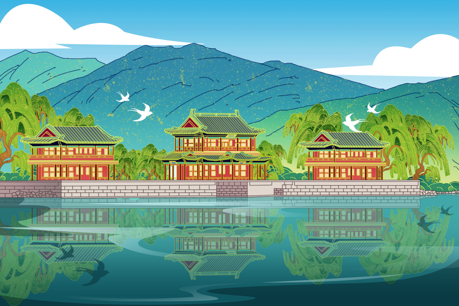 颐和园插画绘制(以商用)_是阿蔡呀-站酷zcool